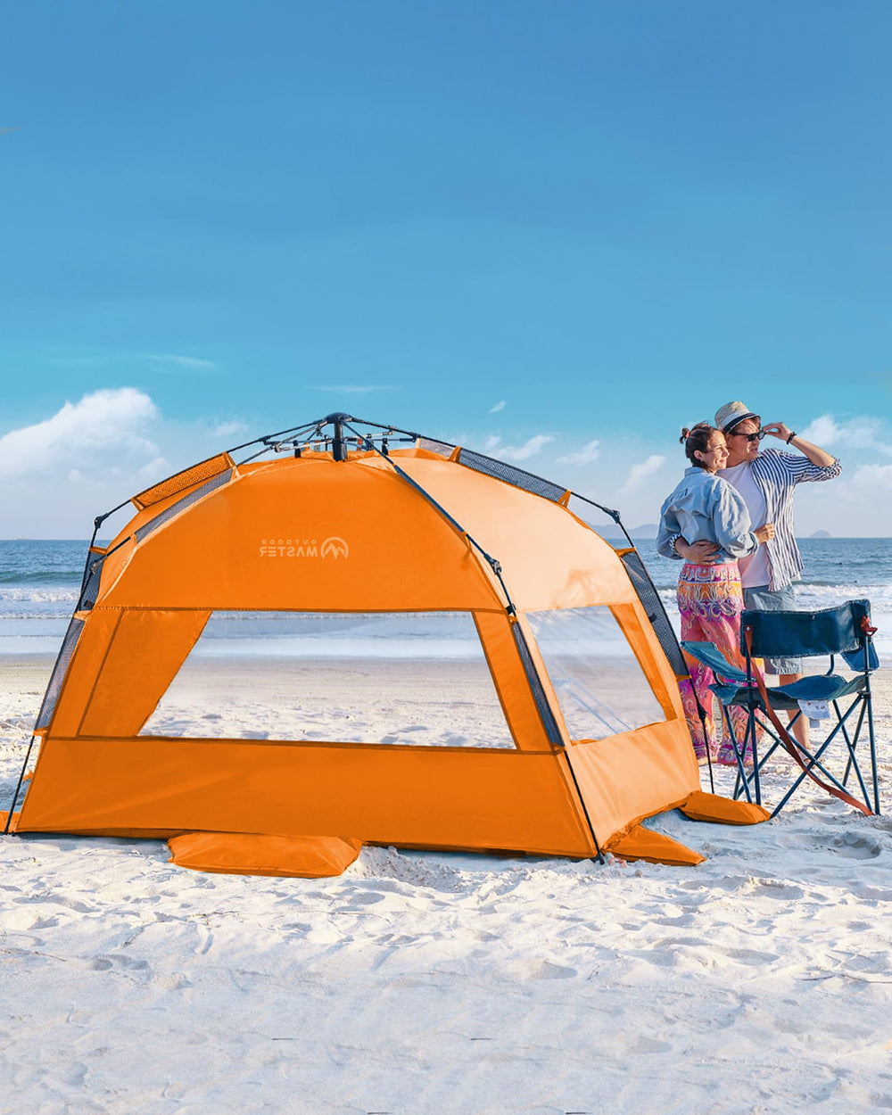 OutdoorMaster beach tent UPF50 sun protection blocks harsh rays on sunny days.