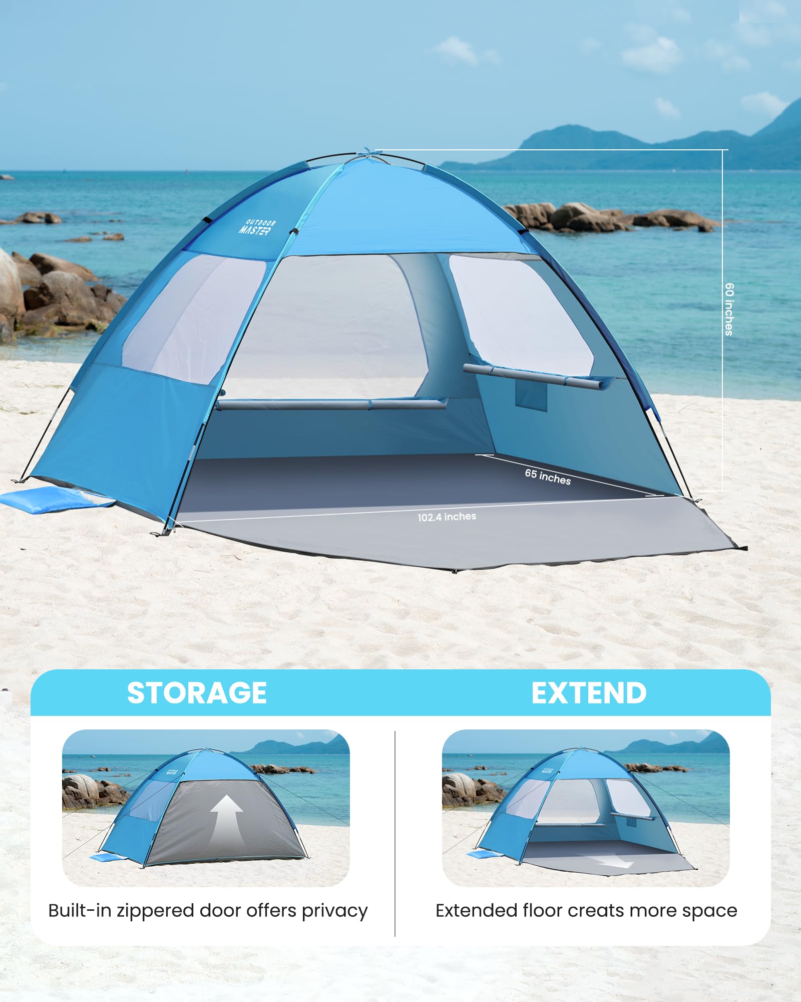 OutdoorMaster Beach Tent zippered door offers quick privacy during dressing.
