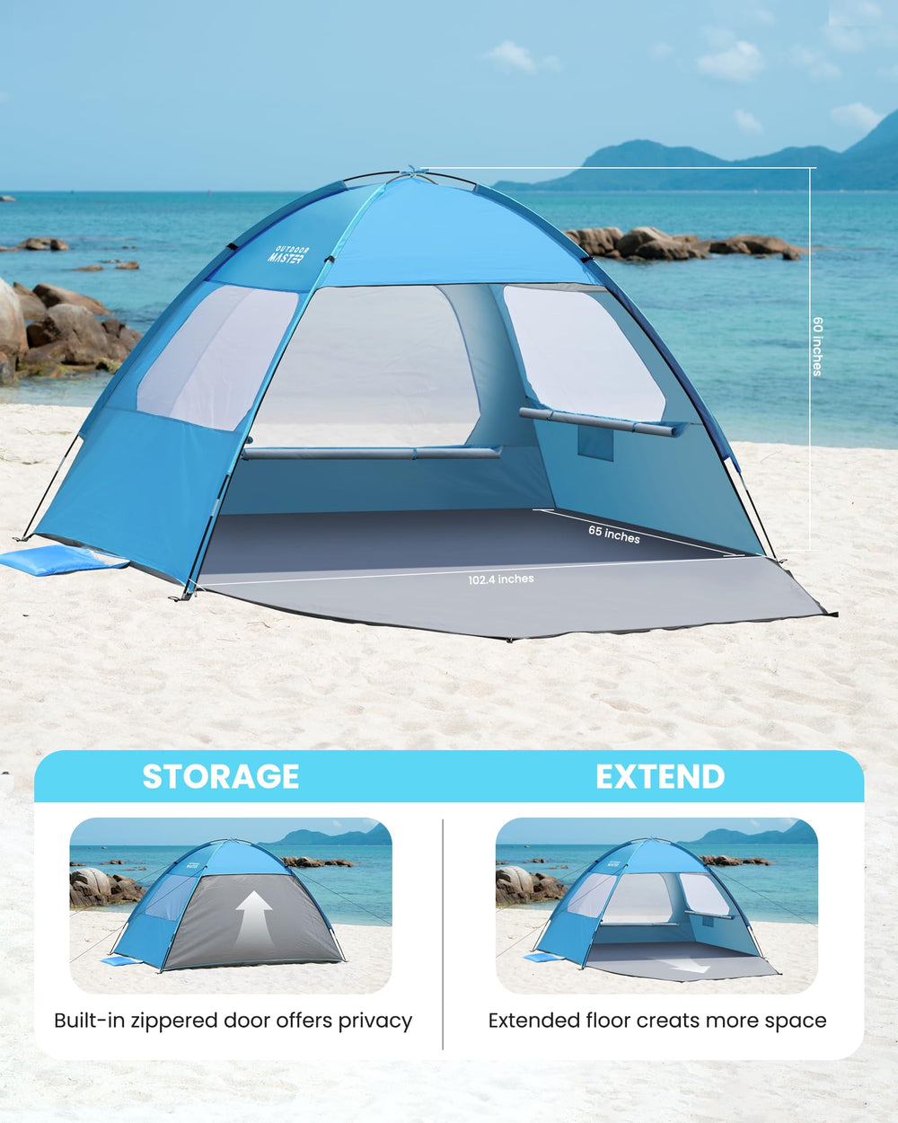 OutdoorMaster Beach Tent zippered door offers quick privacy during dressing.