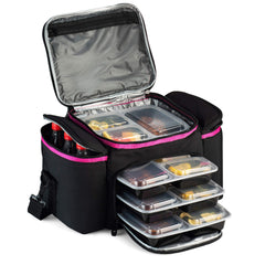 Outdoorwares large cooler bag pink and black viewed from the front, ideal for picnics.