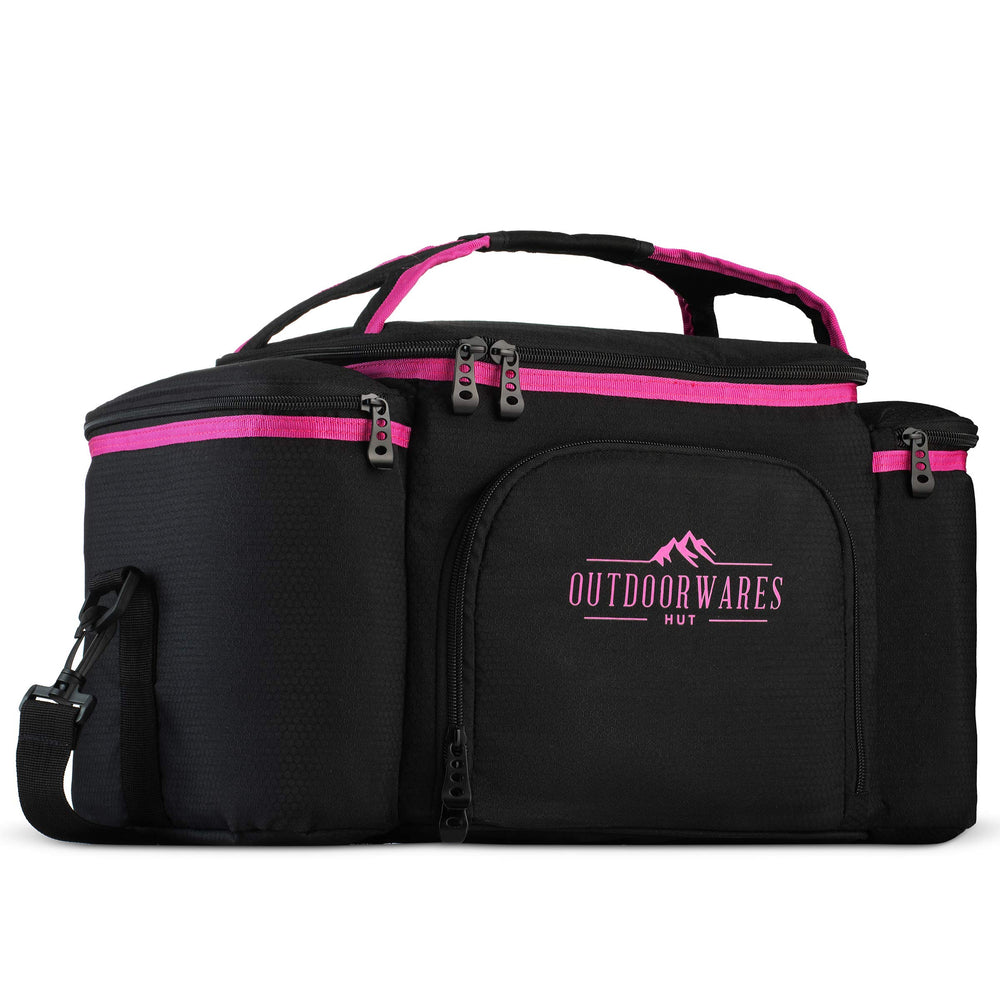 Outdoorwares cooler bag fully packed with bottles and containers for trips.