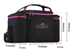 Outdoorwares cooler bag pink and black with side pockets for organized storage.