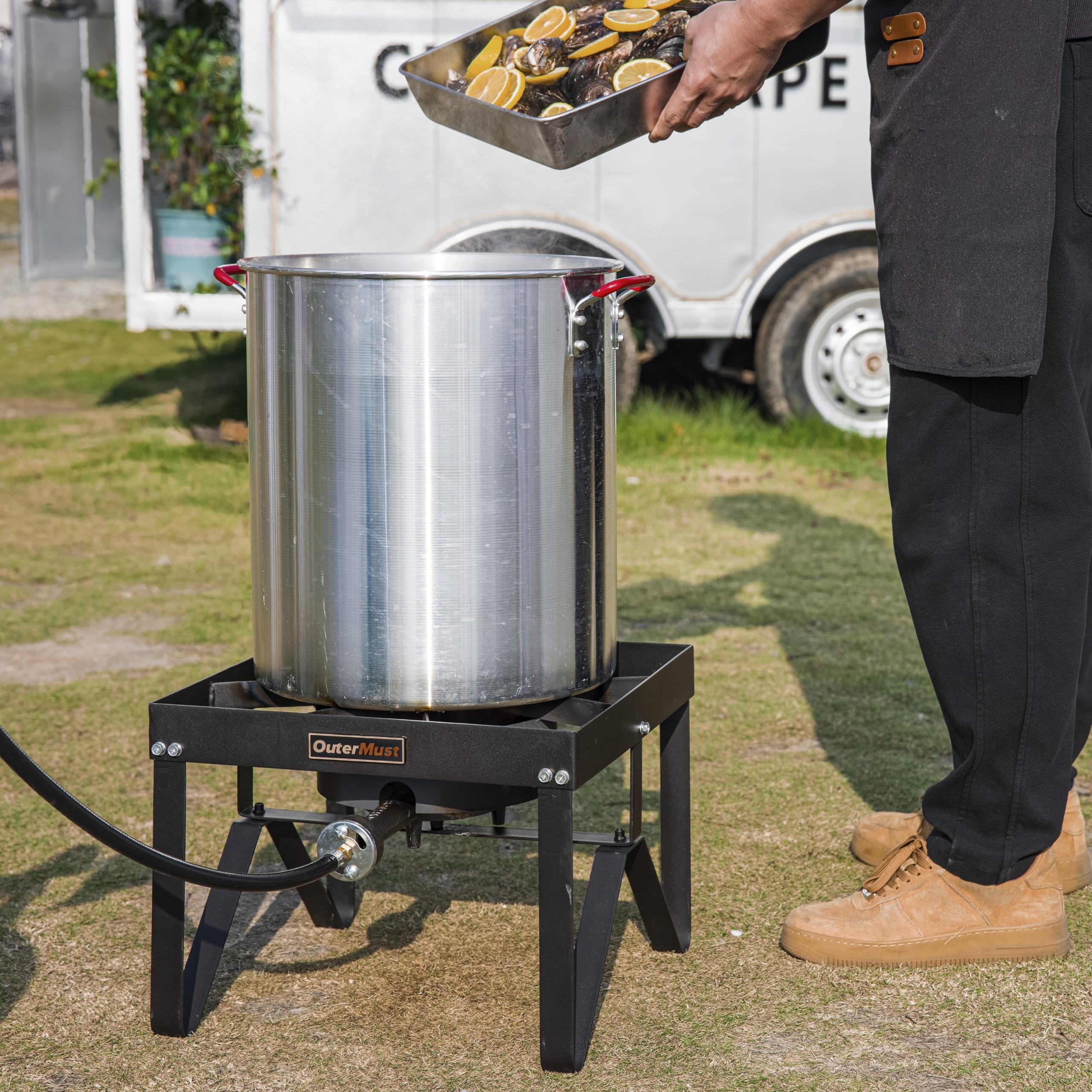 OuterMust burner delivers 85k BTU heat for outdoor boiling and frying.