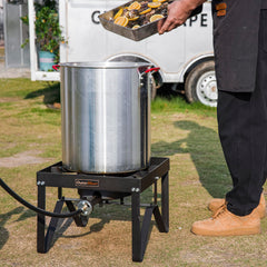 OuterMust burner delivers 85k BTU heat for outdoor boiling and frying.
