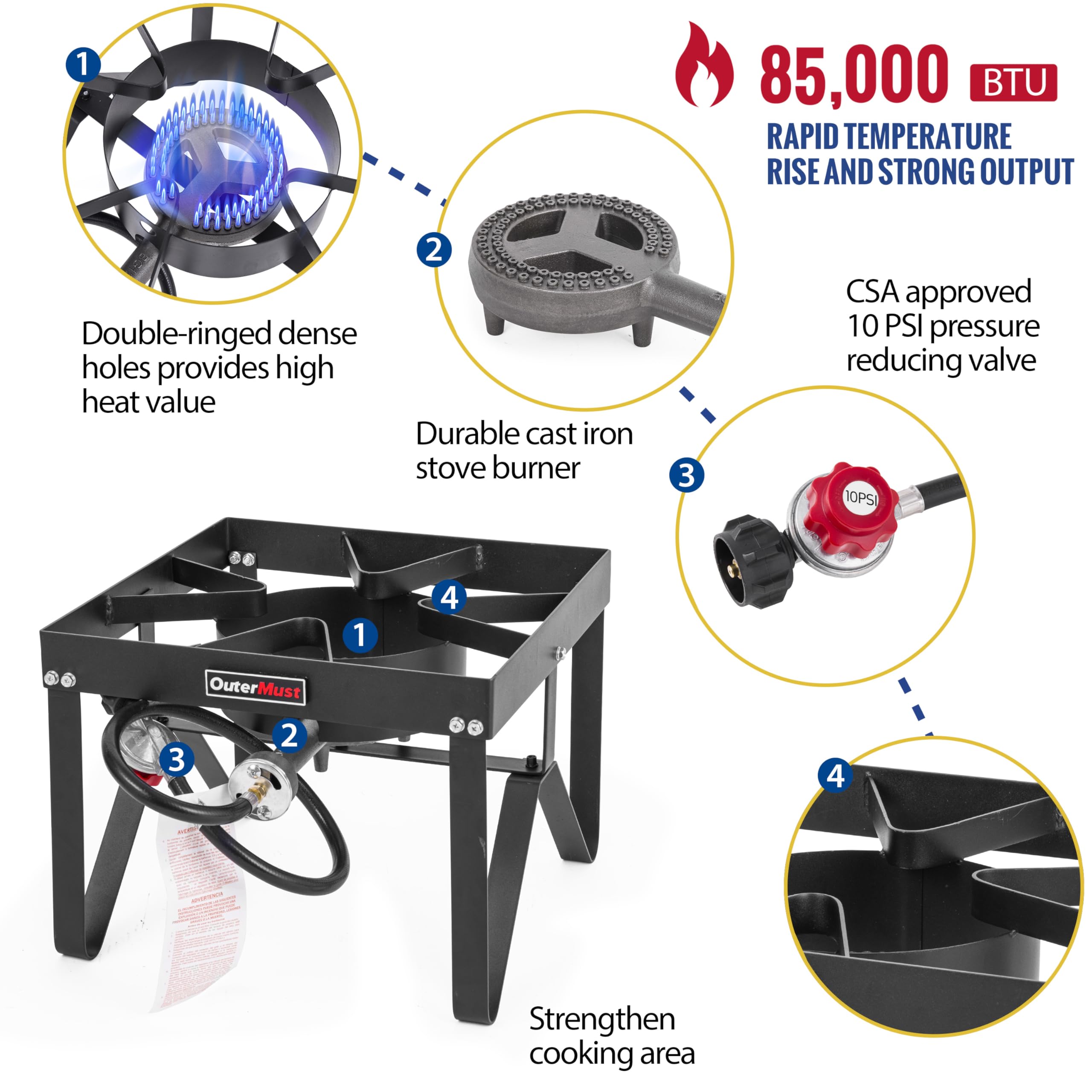 OuterMust burner uses manual ignition with adjustable flame knob.