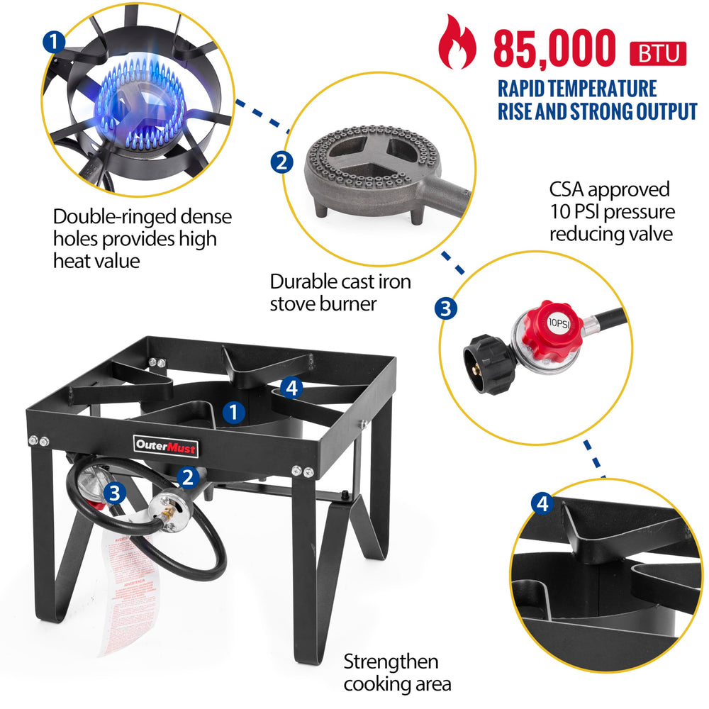 OuterMust burner uses manual ignition with adjustable flame knob.