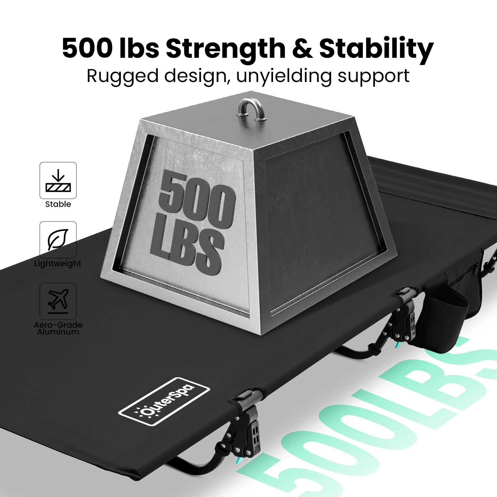 OuterSpa aluminum-frame camping cot showcases sturdy build for support.