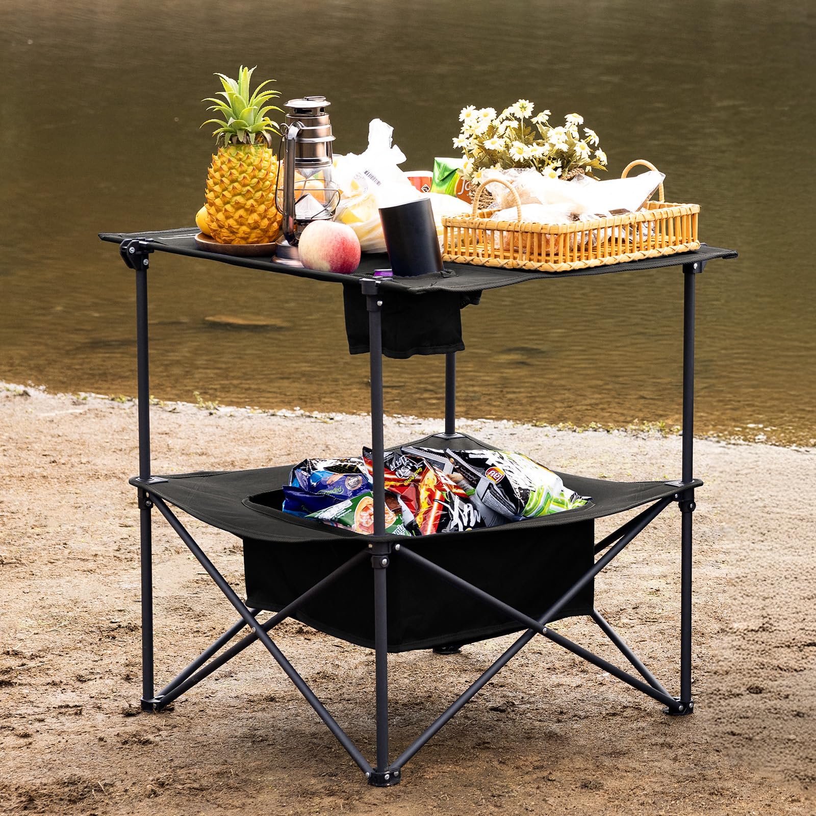 OuterSpa table storage tier emphasizes extra space for gear and snacks