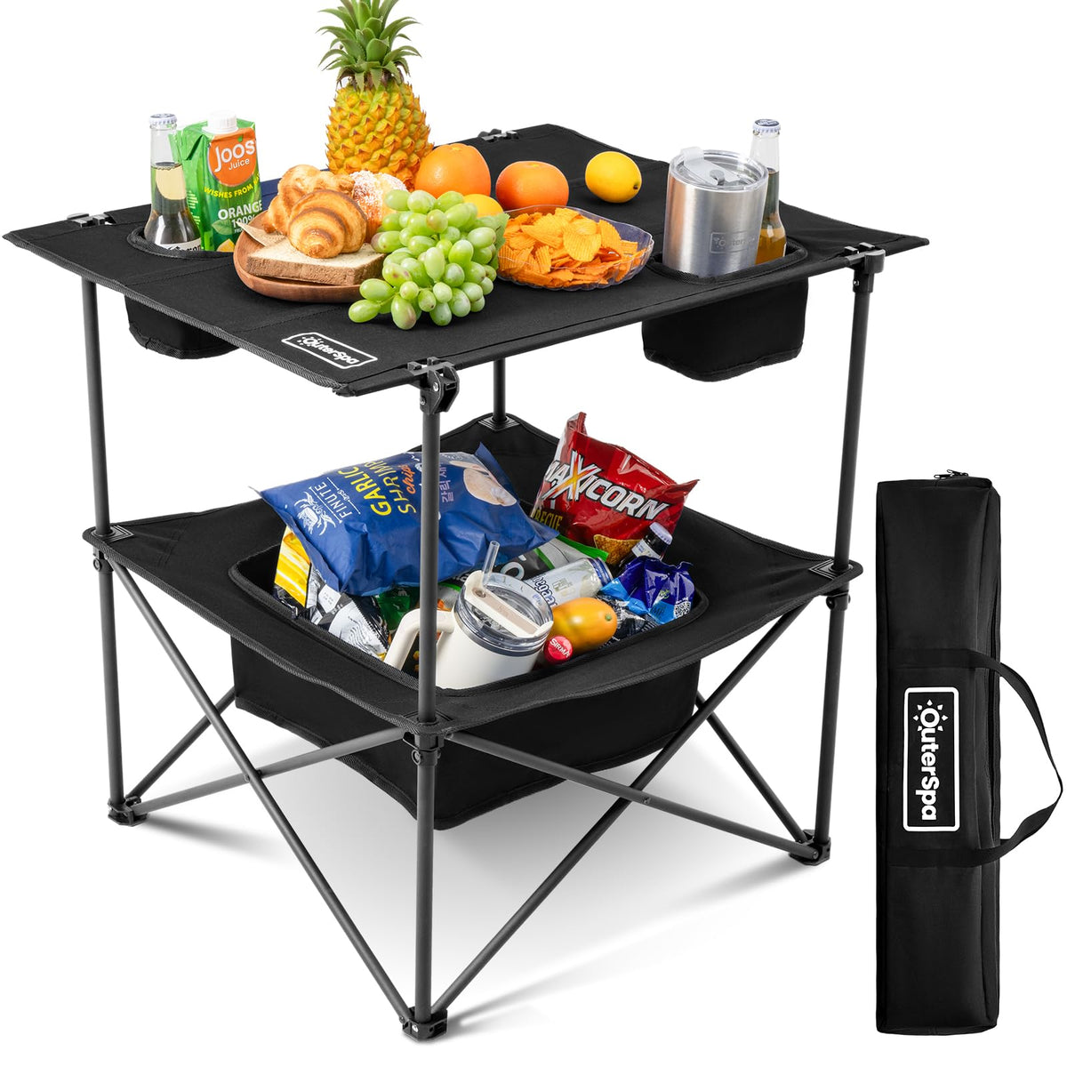 OuterSpa folding camping table top view highlights sturdy frame for family meals