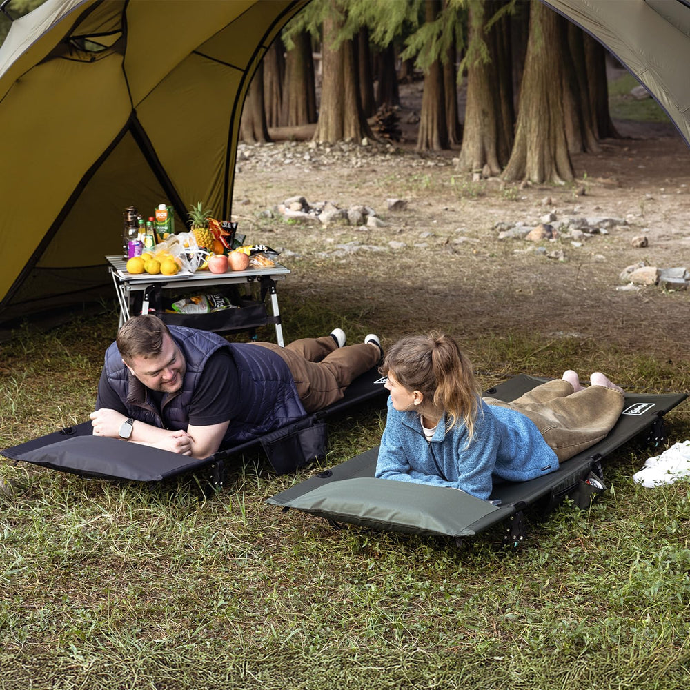 OuterSpa cot setup easy for quick campsite rest.