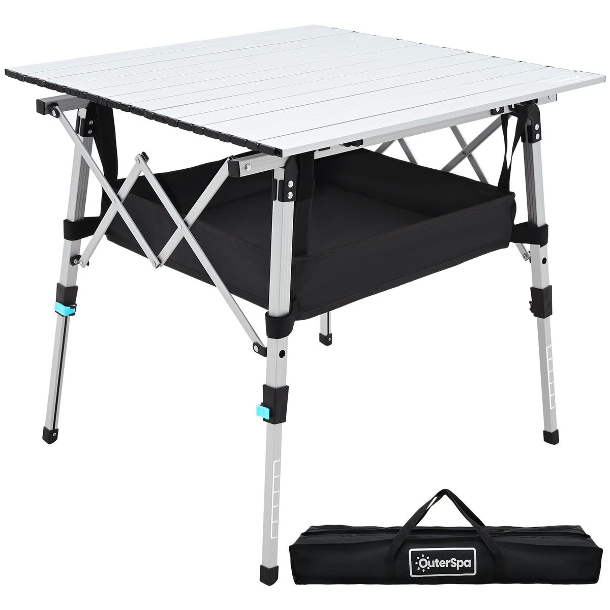 OuterSpa portable camping table folded for easy transport in a compact carry bag