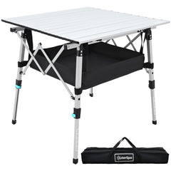 OuterSpa portable camping table folded for easy transport in a compact carry bag