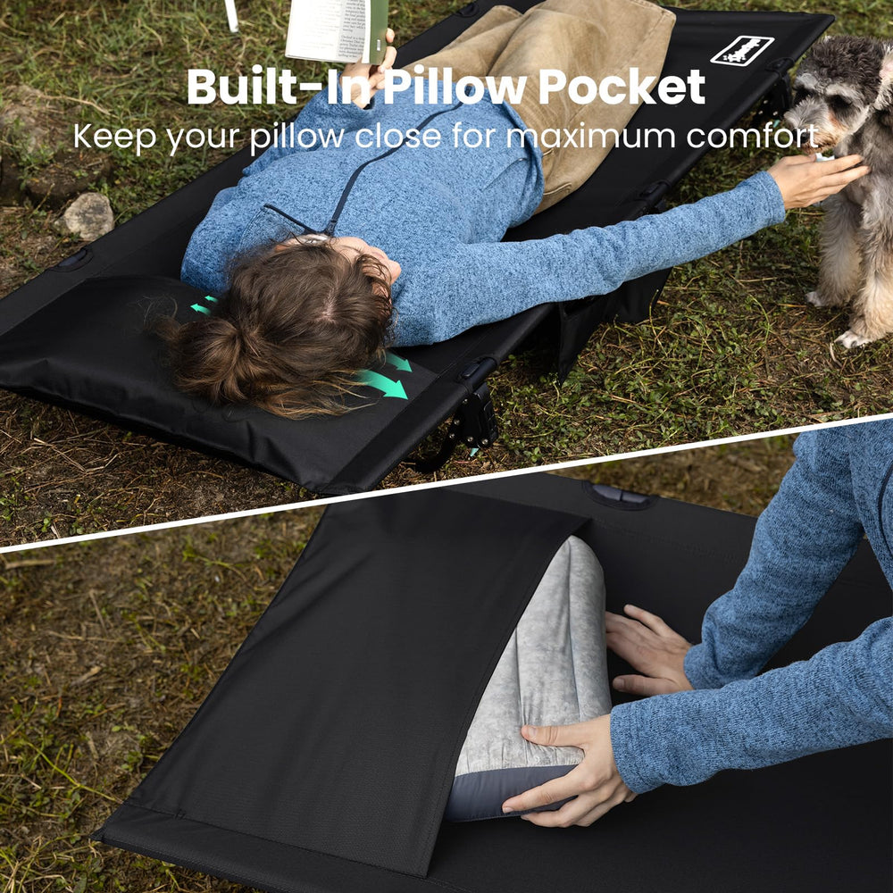 OuterSpa three-leg stability system keeps cot balanced on uneven ground.