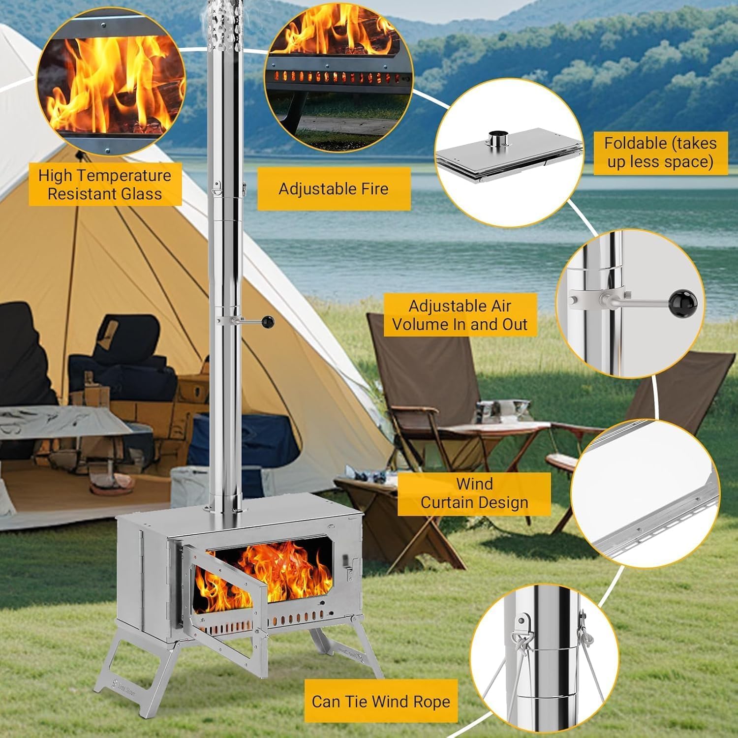 OUTGOODS Camping Wood Stove spark arrestor adds fire safety during outdoor use.