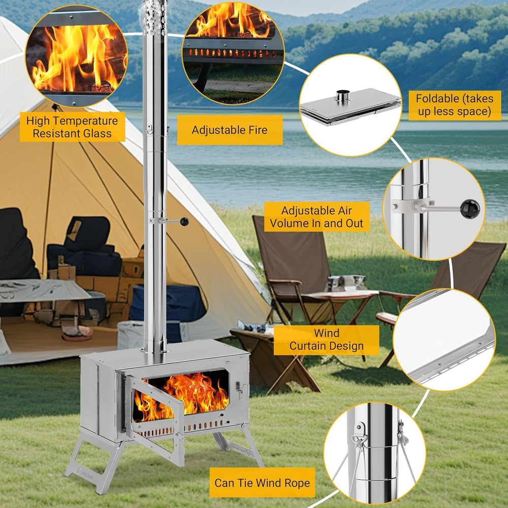OUTGOODS Camping Wood Stove spark arrestor adds fire safety during outdoor use.