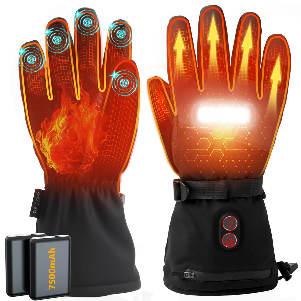 OUTJUT heated gloves with LED flashlight for hands-free illumination during night hikes.