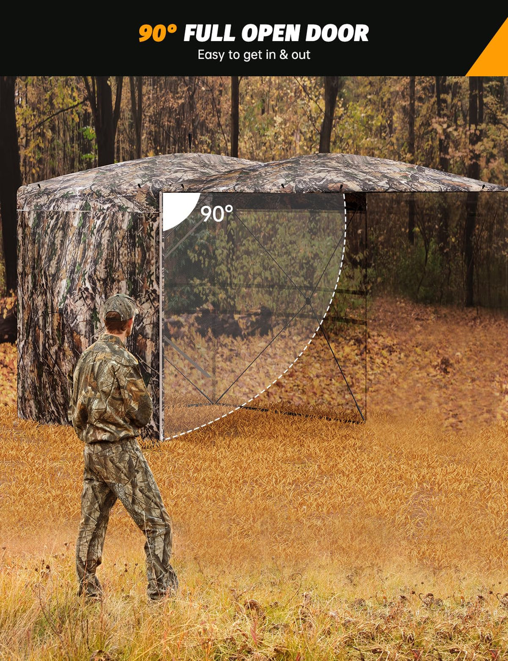 Outmax hunting blind portal entry shows quick access for fast field setup.