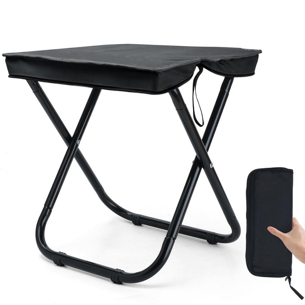 Outplea foldable camping stool, 16-inch height, ideal for easy seating on trails and campsites.