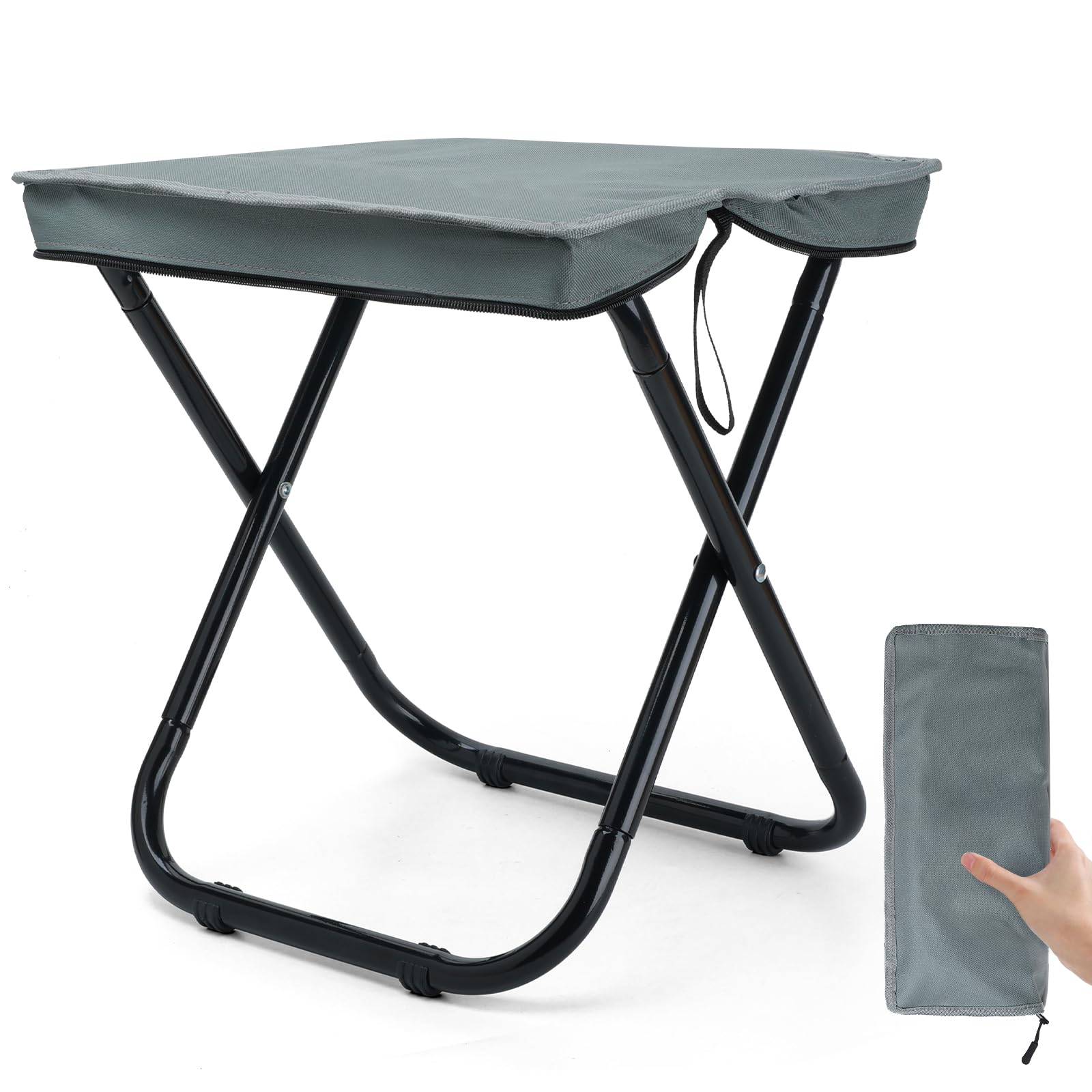 Outplea foldable camping stool with collapsible frame for easy packing and transport.
