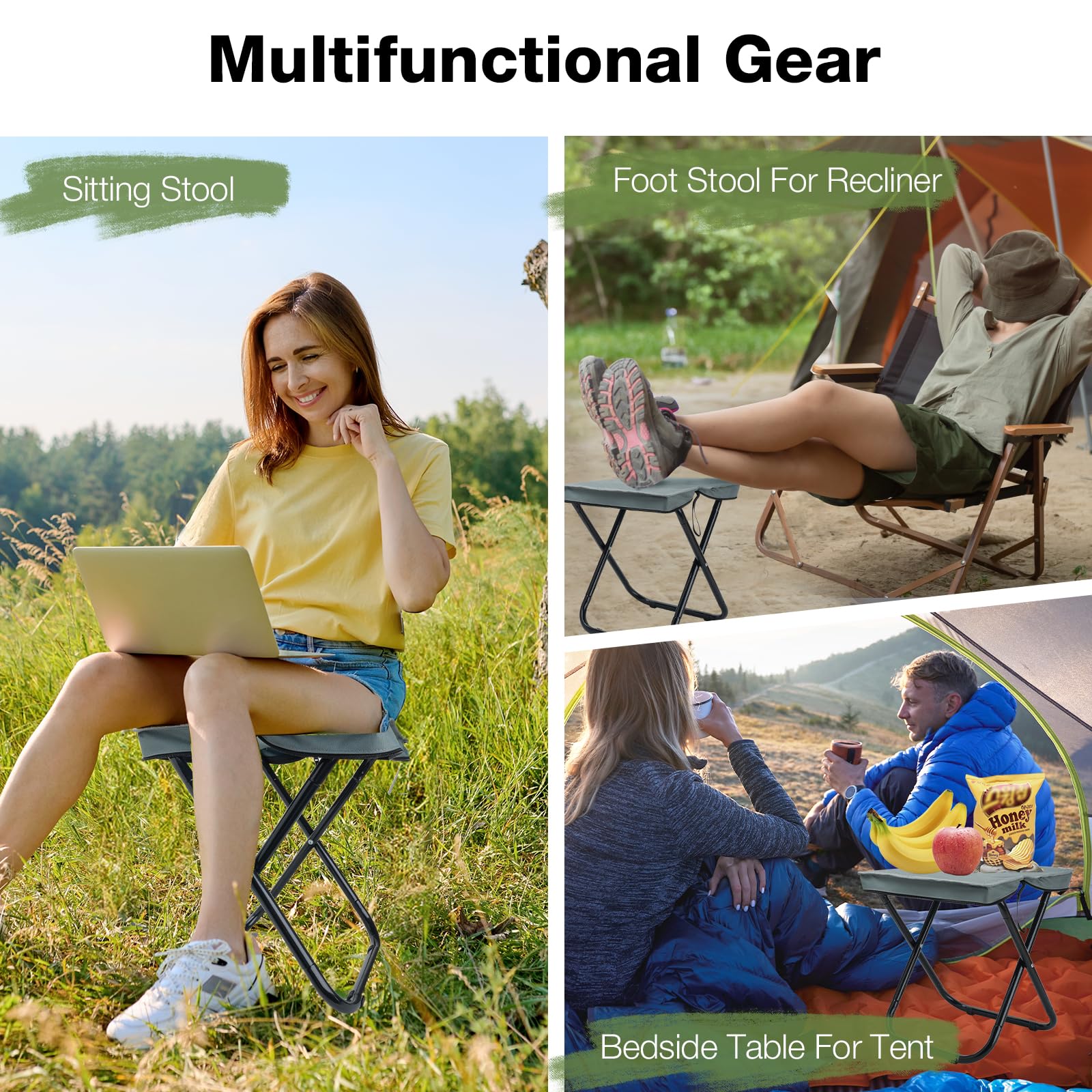 Outplea gray folding stool suited for camping, fishing, hunting, and backpacking adventures.