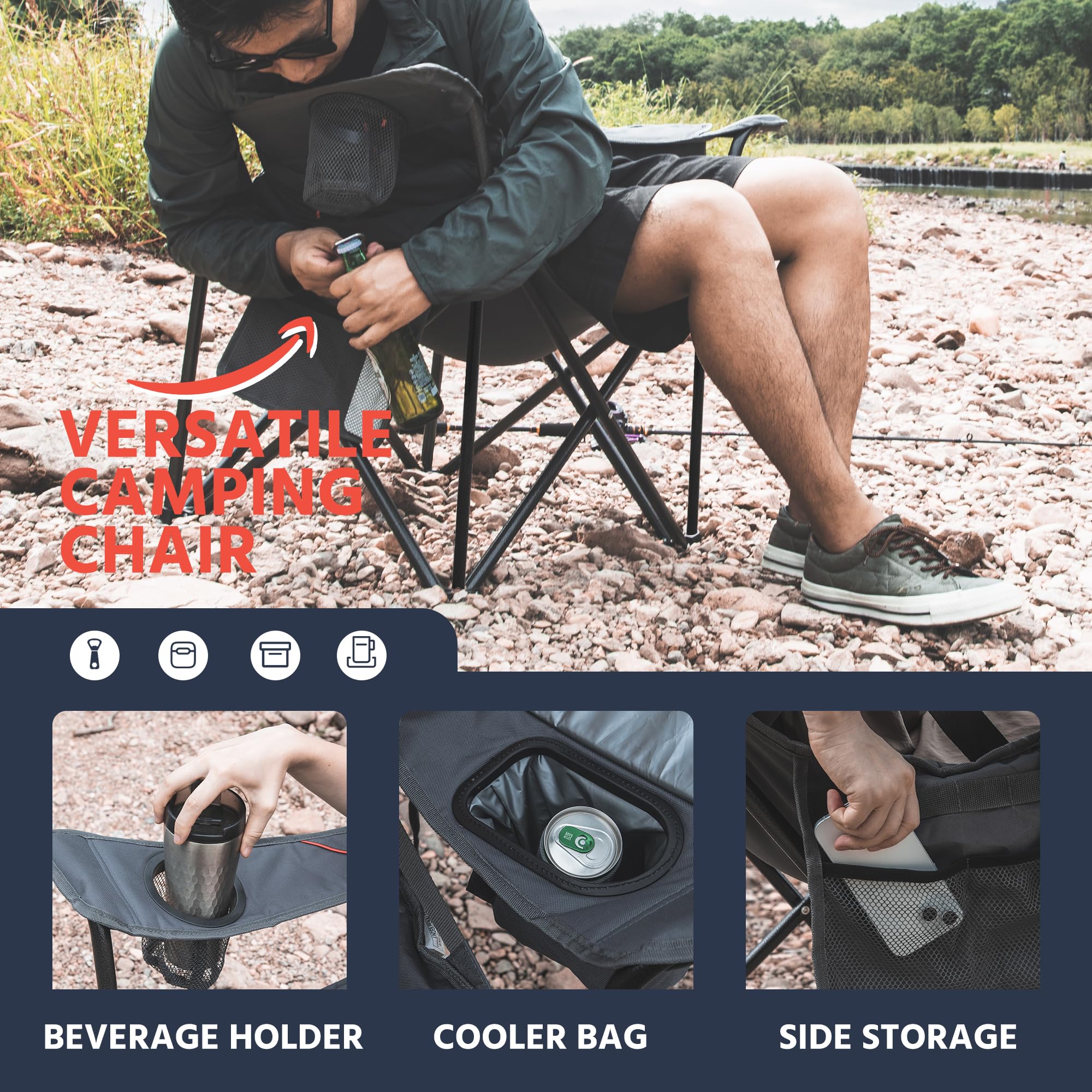 OUTSIDER chair includes 3-can cooler and dual cup holders for drinks.