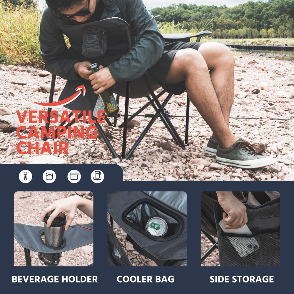 OUTSIDER chair includes 3-can cooler and dual cup holders for drinks.