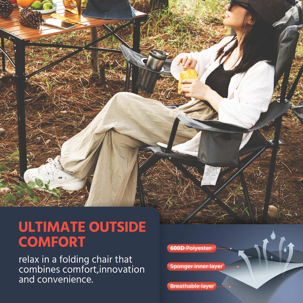 OUTSIDER folding chair top pocket doubles as headrest and phone storage