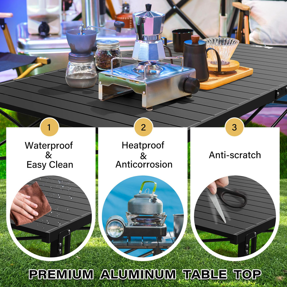 OUTSIDER stable-feet-on-grass-sand keeps the table steady on varied terrain.