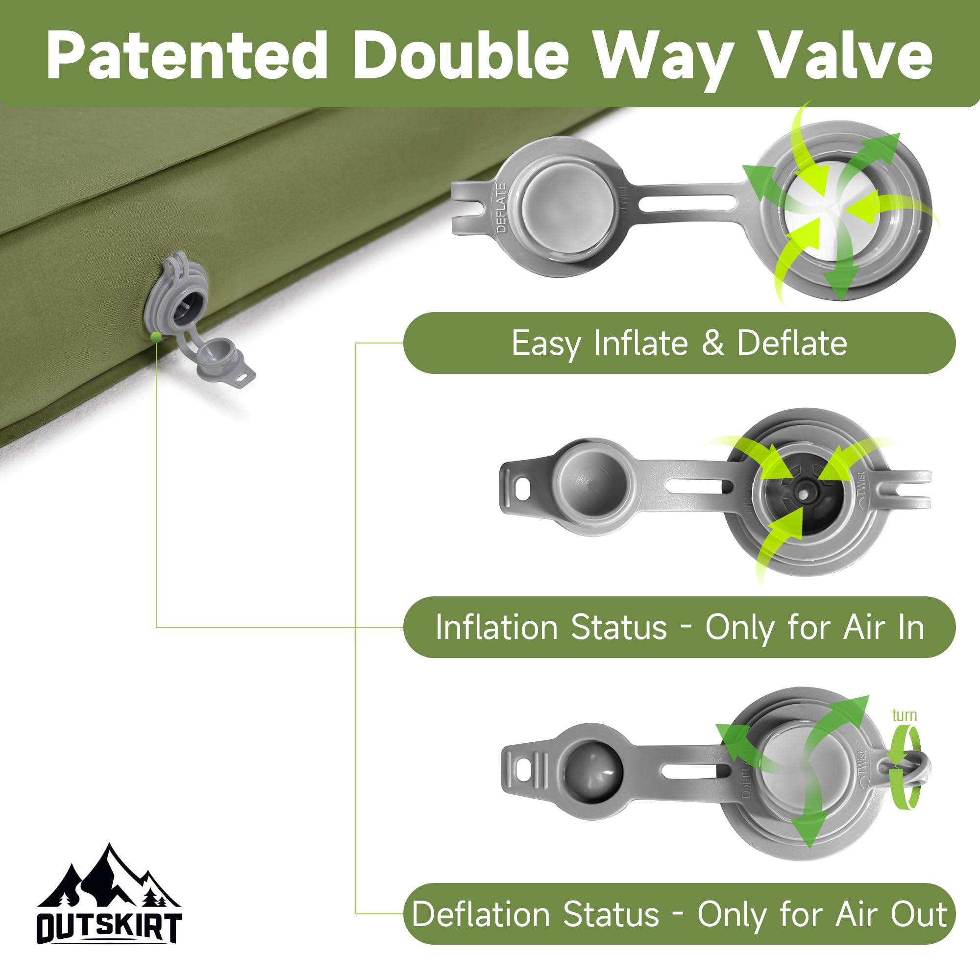 OUTSKIRT camping mattress double valve enables quick inflation and deflation.