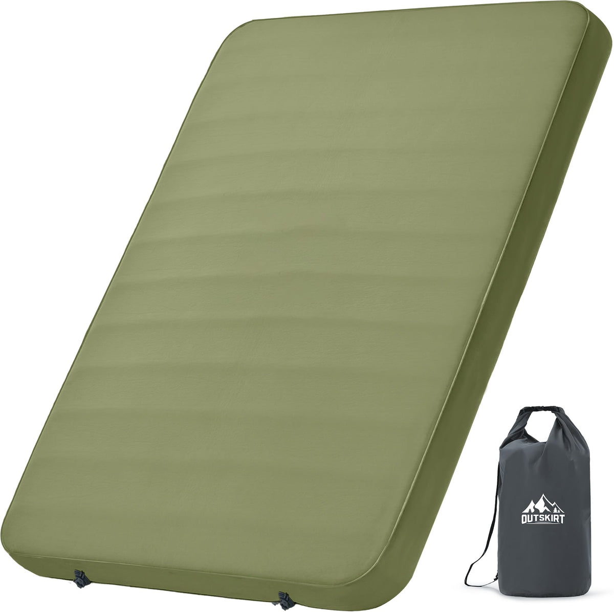 OUTSKIRT camping mattress closeup highlights soft memory foam for comfort on uneven ground.