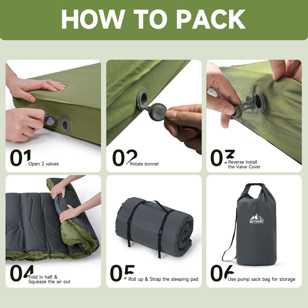 OUTSKIRT camping mattress storage care indicates easy cleaning and packing.