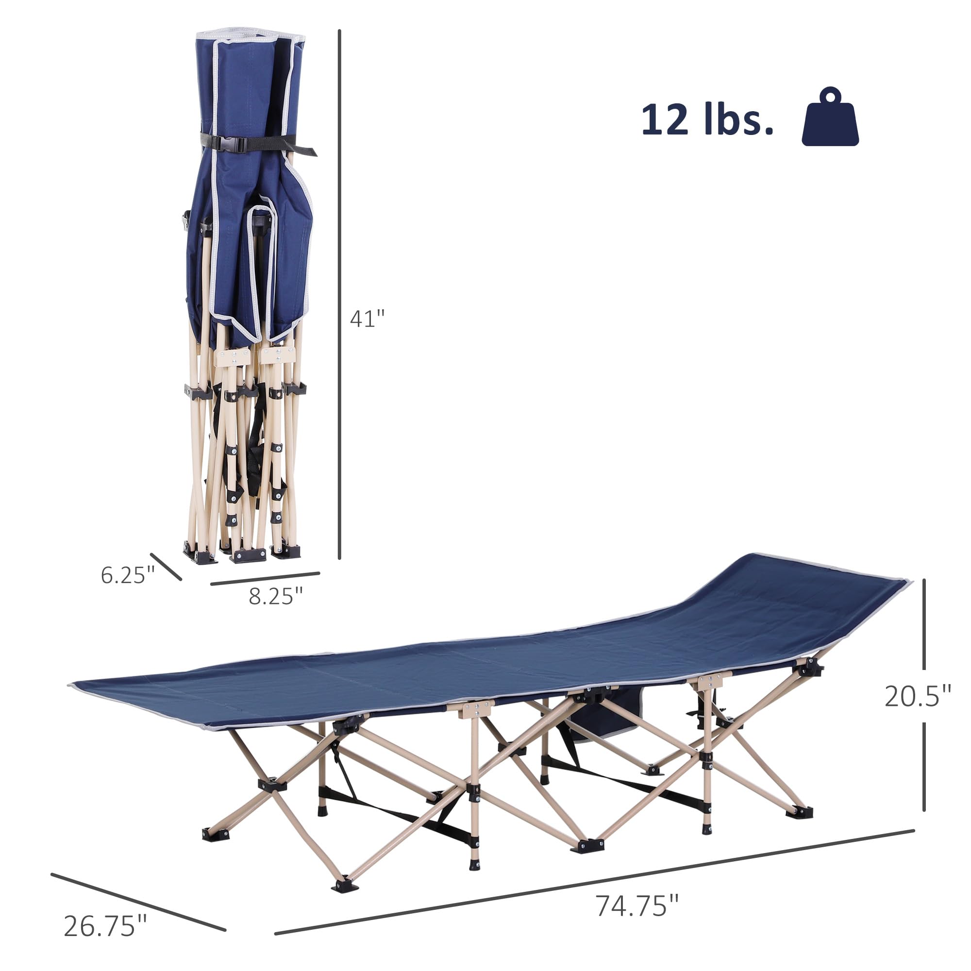 Outsunny camping cot dimensions are 74.75 by 26.75 by 20.5 inches.
