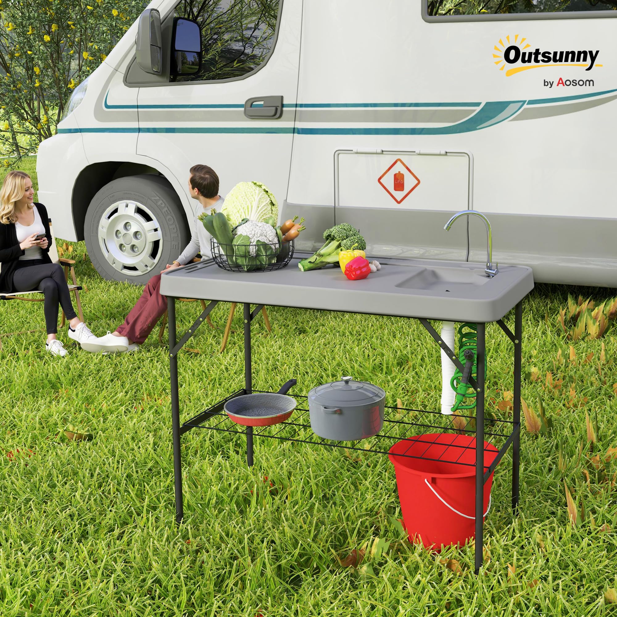 Outsunny outdoor filleting station with faucet and sprayer for precise cleaning