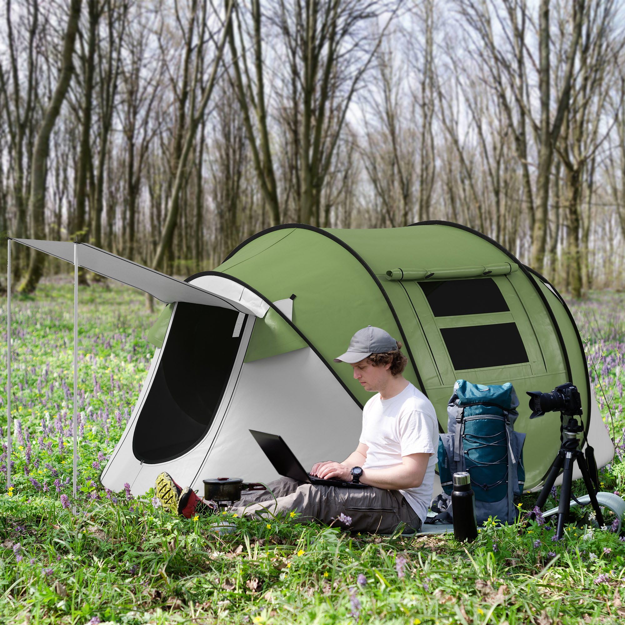 Outsunny pop-up tent porch area shown for cooking or seating.