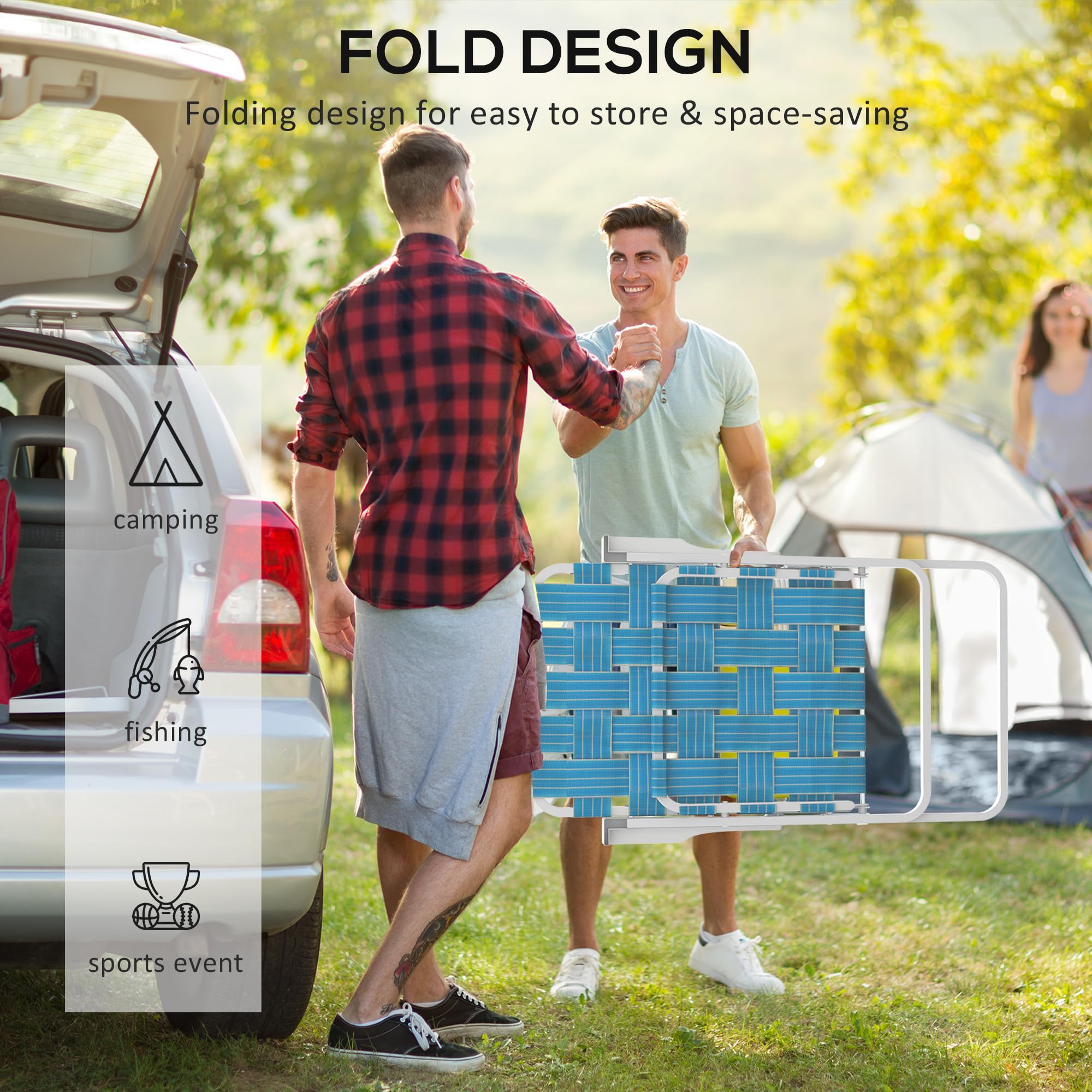 Outsunny blue folding lawn chair with powder-coated frame for durability.
