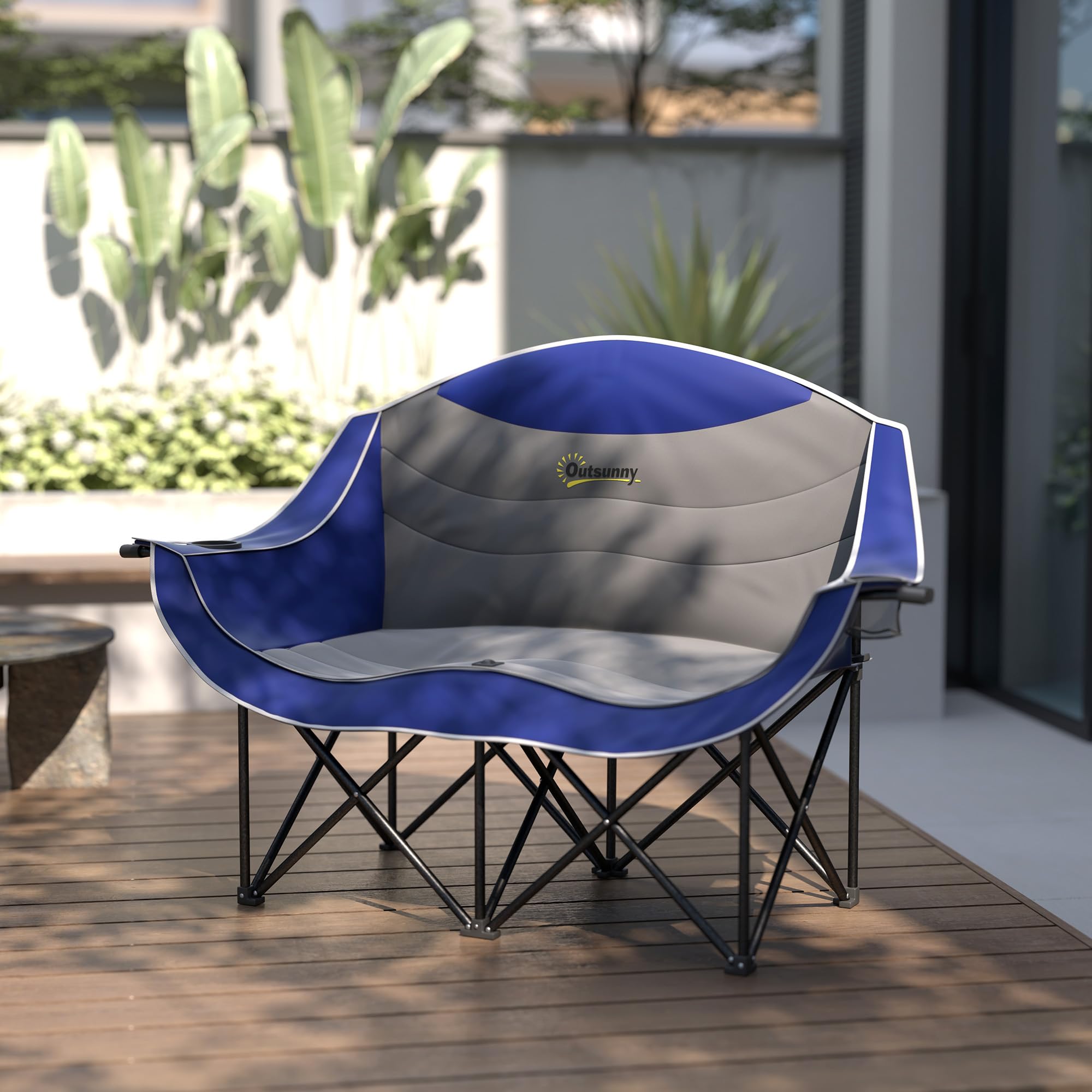 Outsunny two-person chair suits patios or campsites for relaxed outdoor lounging.