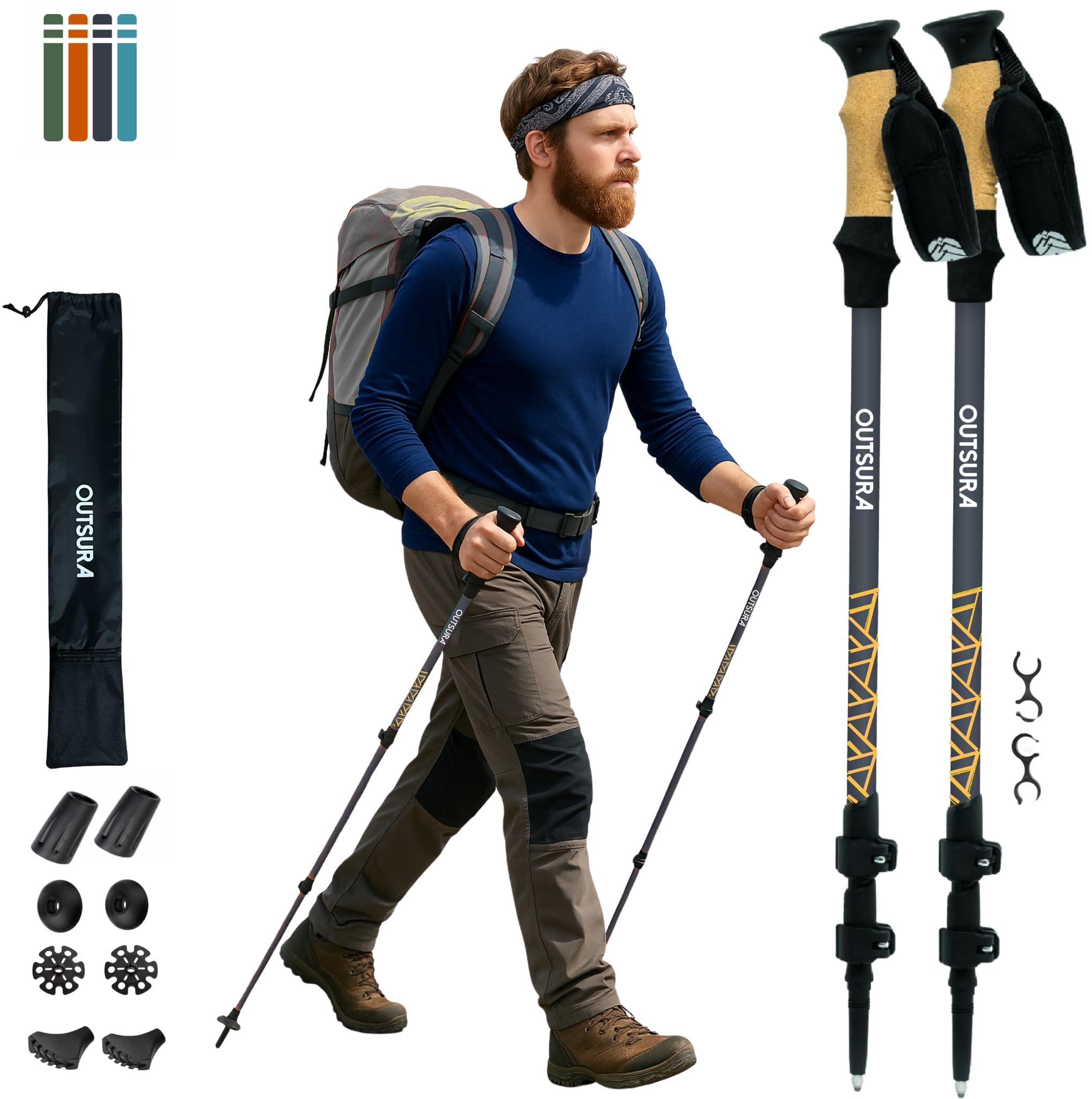 Outsura aluminium trekking poles with cork grip offering comfortable, sweat-wicking support on trails.