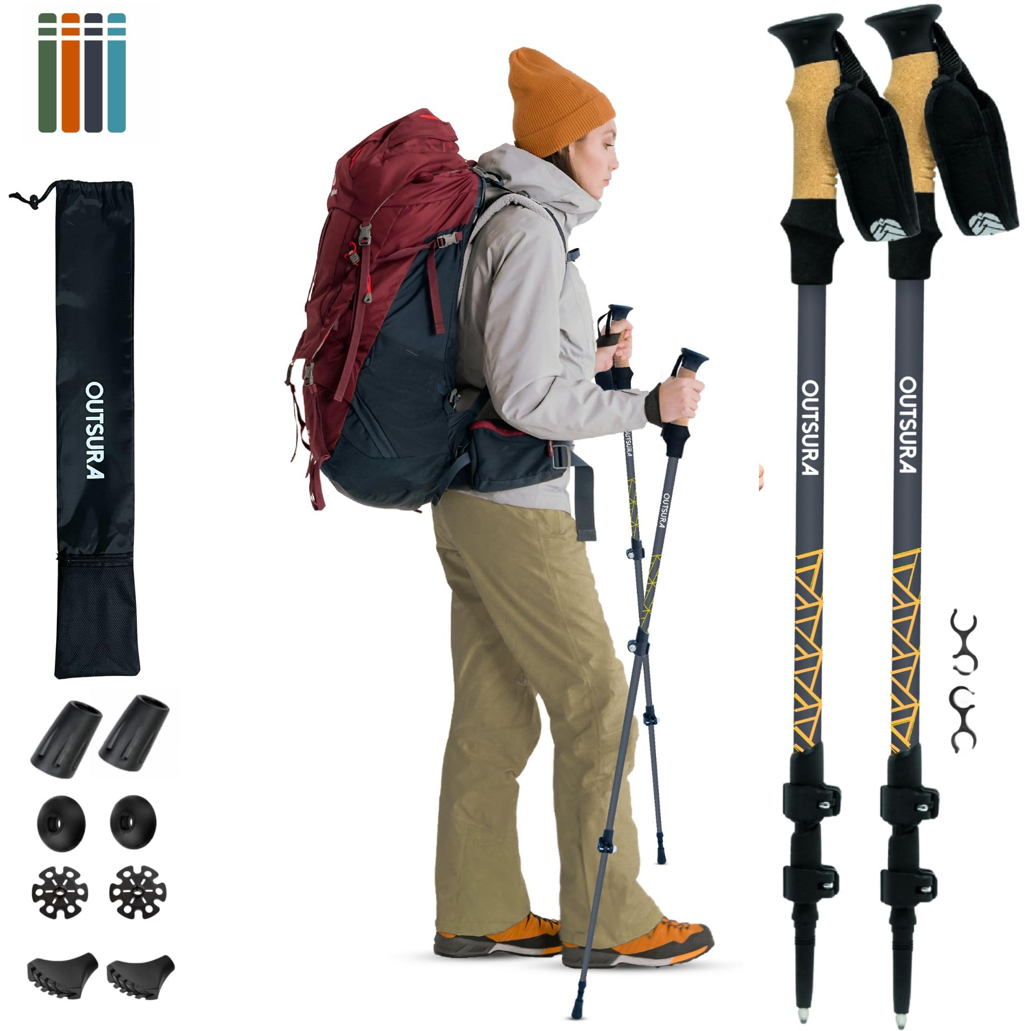 Outsura carbon fiber hiking stick 2-pack extended on rugged trail for stability.