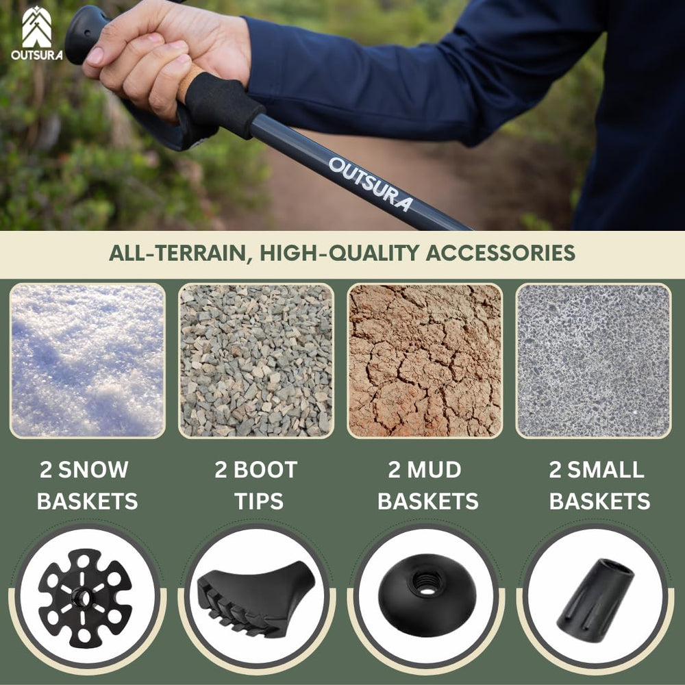 Outsura hiking poles with tungsten carbide tips—durable grip on mixed terrain.