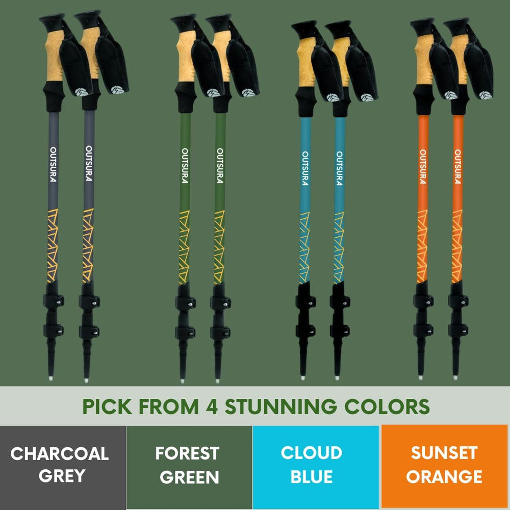 Outsura cork grip poles reduce hand fatigue during long hikes and nordic walking.