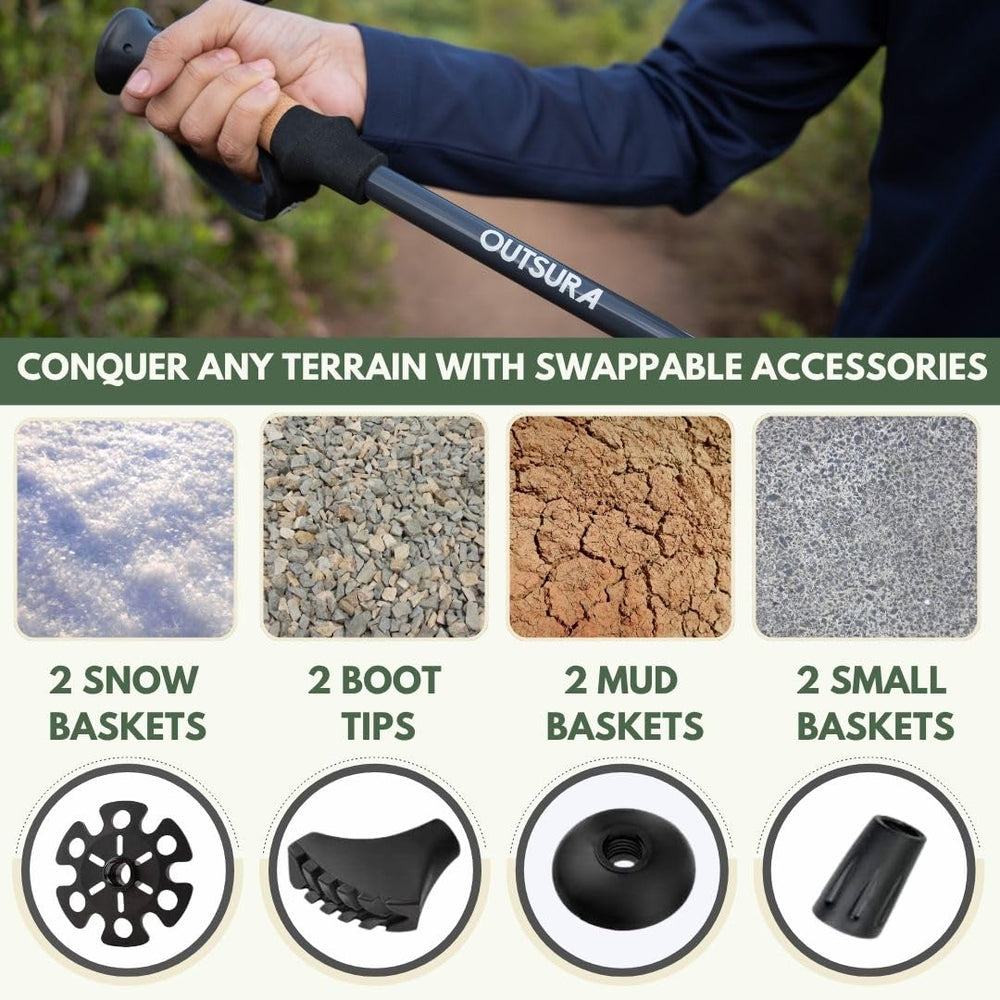 Outsura trekking poles tungsten carbide tips provide reliable traction on varied terrain.