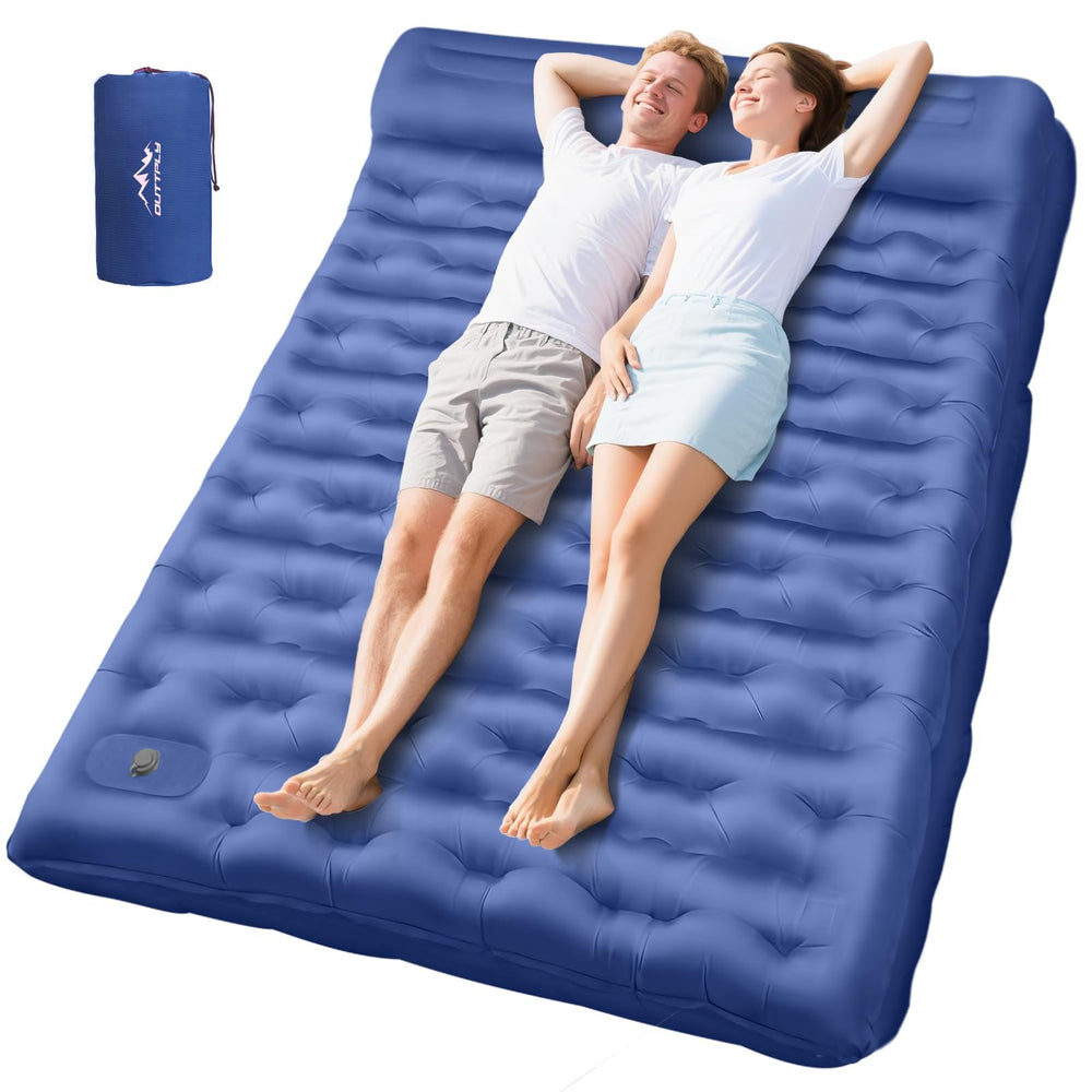 OUTTPLY sleeping pad shows 6-inch thickness delivering cushioned support on uneven ground