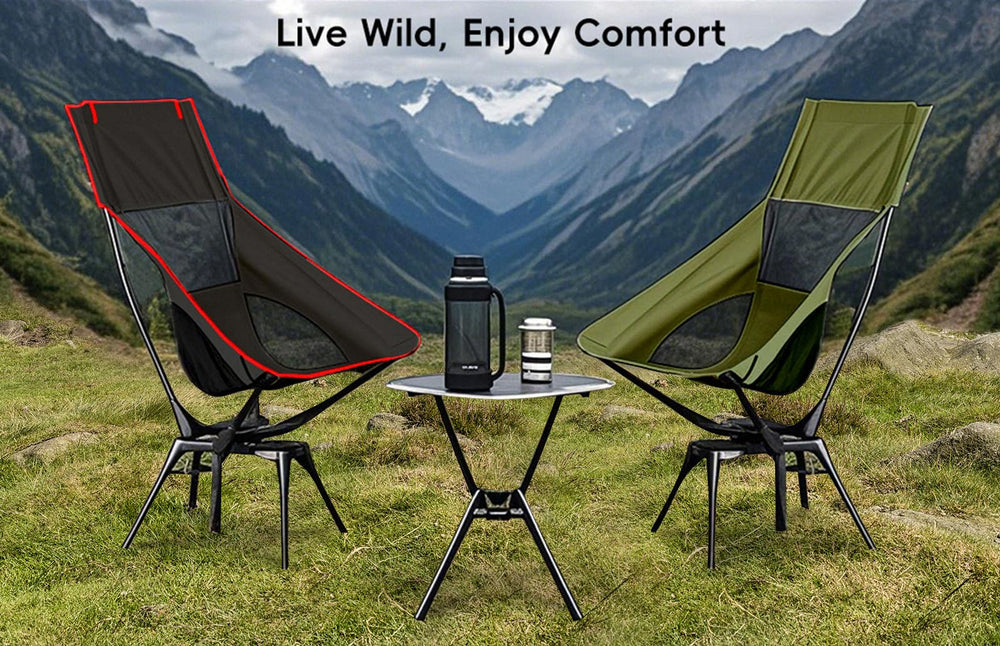 OUTTPLY swivel chair in-use outdoors for versatile camping or beach use.