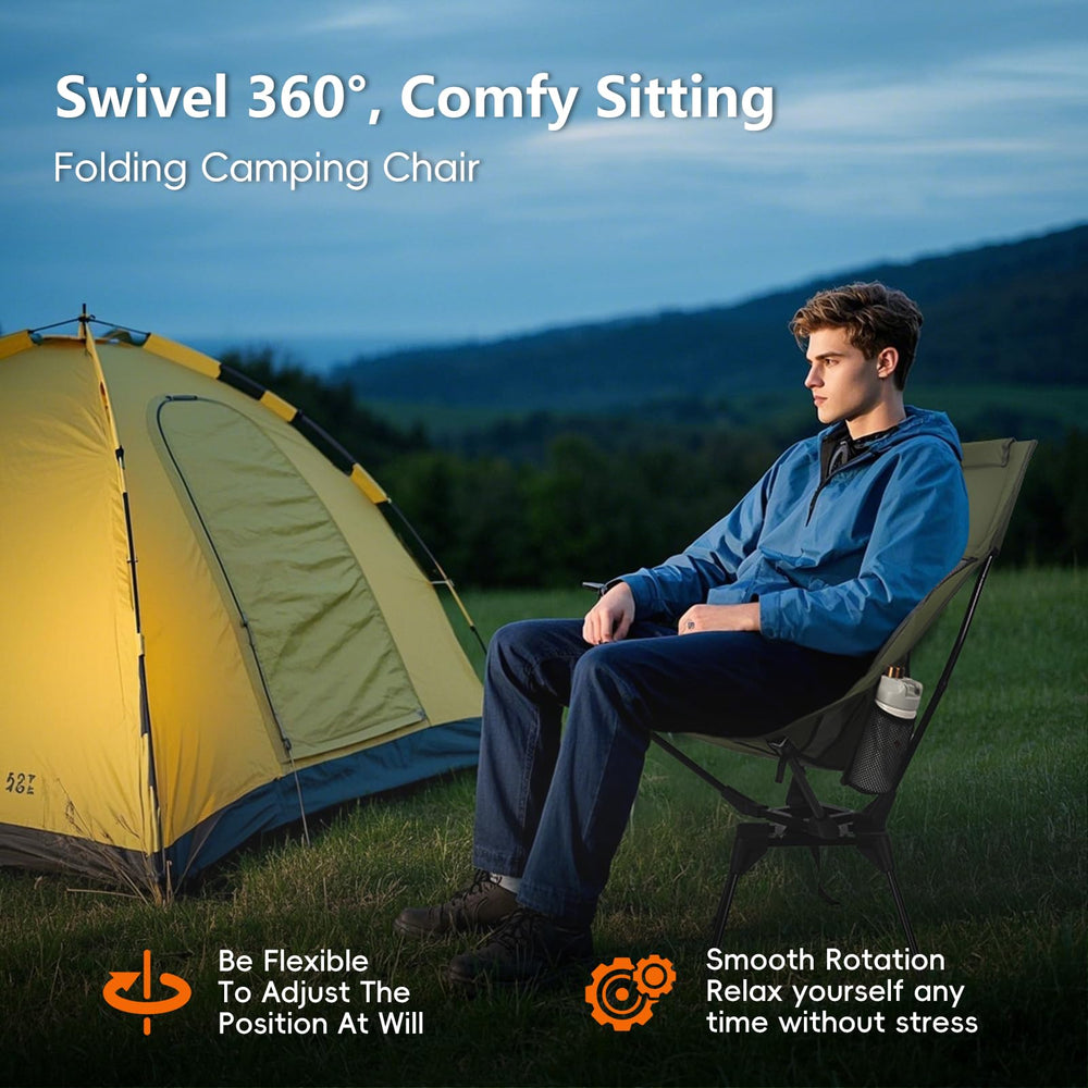 OUTTPLY Swivel Folding Chair green head support highlights elevated seat for relaxed lounging.