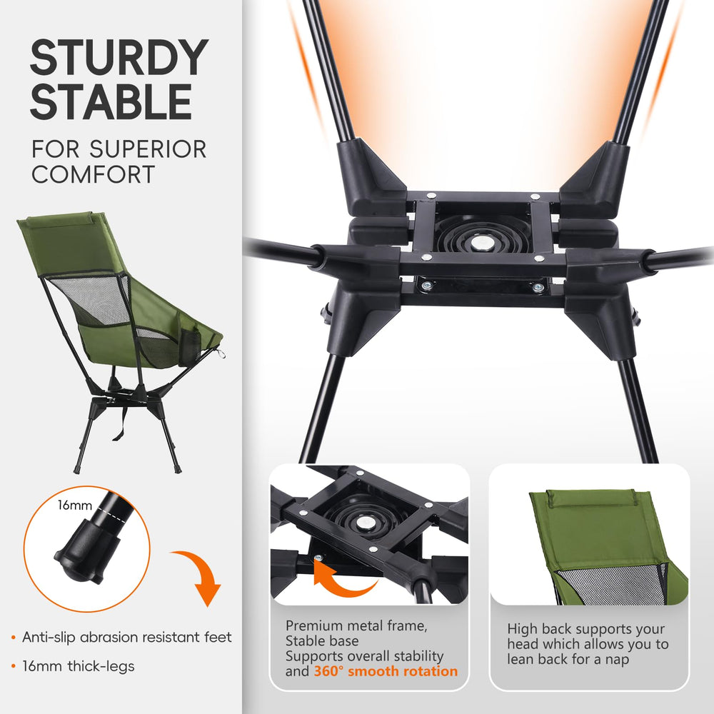OUTTPLY Swivel Folding Chair green rotatable base enables easy swiveling by your seat.
