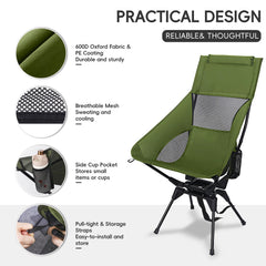 OUTTPLY Swivel Folding Chair green side cup pocket keeps essentials within reach.