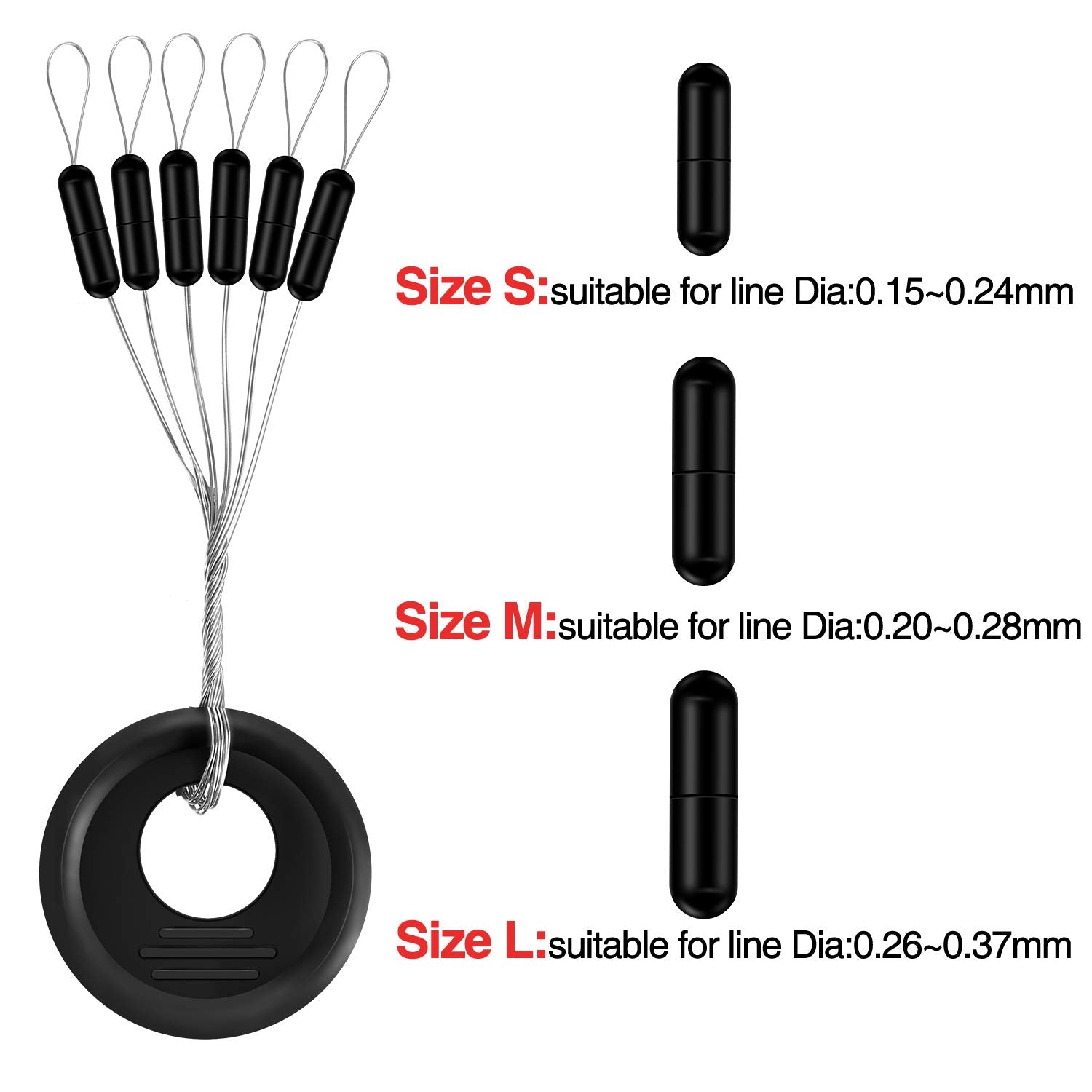 Close-up of black rubber bobber stoppers on fishing line