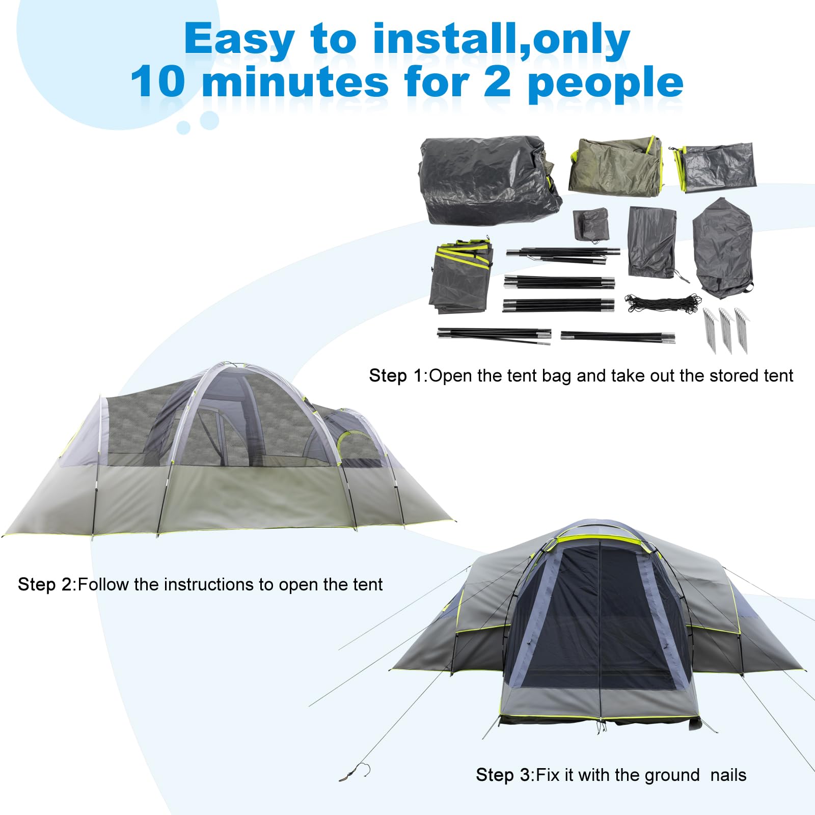 Outvita 8/10 person tent quick-setup poles enable fast assembly