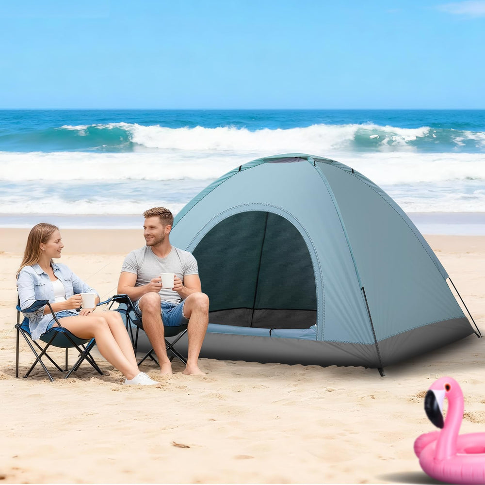 Outvita blue camping tent exterior on site highlights color and style.