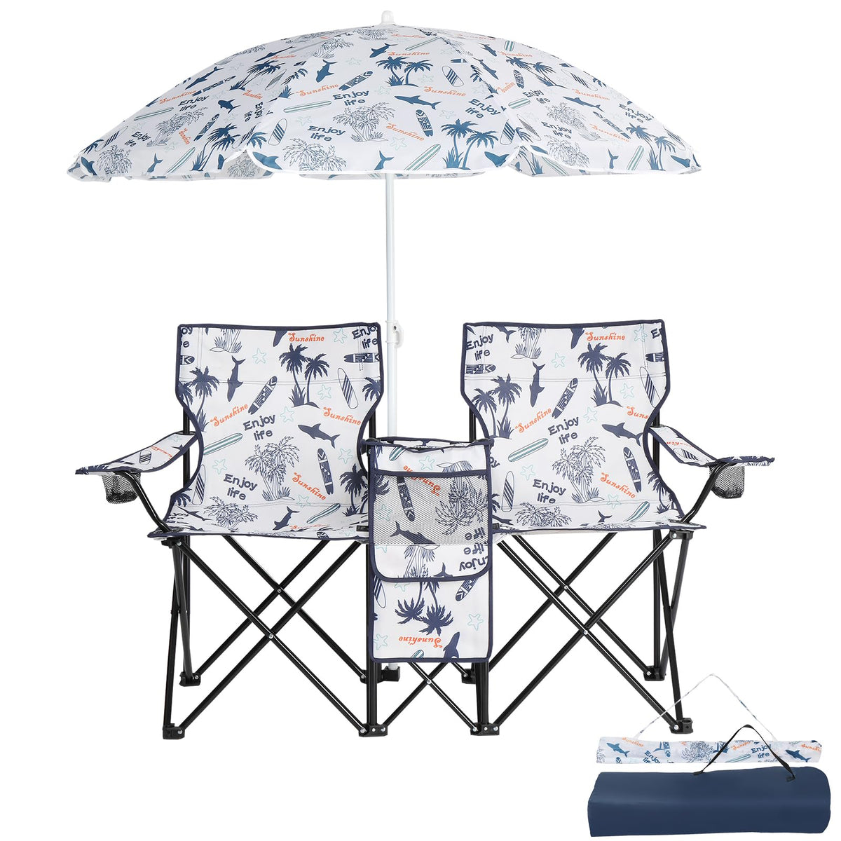 Outvita folding double chair with umbrella shade for poolside relaxation